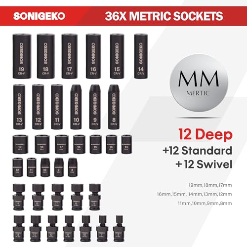 3/8" Drive Impact Socket Set, 67-Piece Standard Metric & SAE 6 Point CR-V Steel Sockets,Includes Extension Bars, 20-Piece Swivel Sockets, Universal Joint, Ratchet Handle and Adapter - size: 67 PCS, 3/8" Socket set, Metric & SAE & Swivel