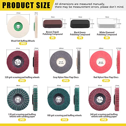 17 Pcs 4'' Polishing Buffering Wheels Assorted Set with Compound Includes 14 Pcs Wool & Nylon Fiber Sanding Flap Discs and 3Pcs Black, Brown & Green Compounds for Angle Grinder