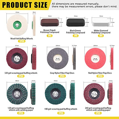 17 Pcs 4'' Polishing Buffering Wheels Assorted Set with Compound Includes 14 Pcs Wool & Nylon Fiber Sanding Flap Discs and 3Pcs Black, Brown & Green Compounds for Angle Grinder