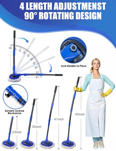 15°Curved Car Wash Brush with Long Handle Kit, 55-Inch 4-Section Extendable Pole with Replacement Head, Chenille Mitt, Tire & Wheel Hub Brushes, Towel, Storage Bag for Car, RV, Truck [Scratch Free]