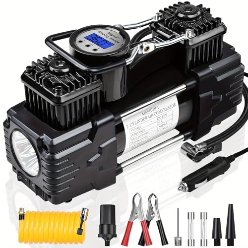 Dual Cylinder Portable Tire Inflator Air Compressor, 150 PSI 12V DC Air Pump with Digital Display, Emergency LED Light, Auto Shut-Off, Heavy Duty - color: Black