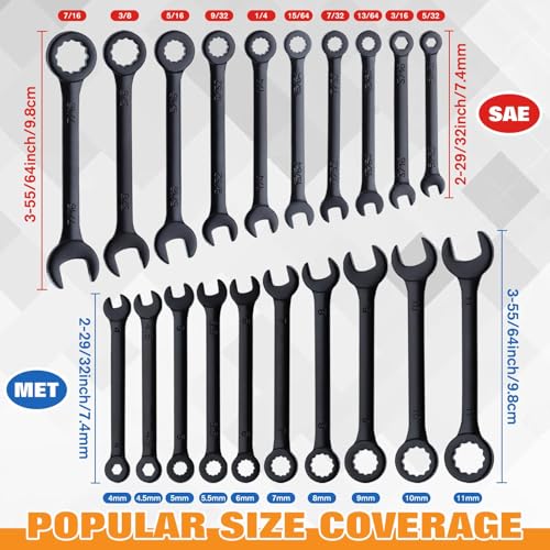 20PCS Mini Wrench Set 4mm-11mm & 5/32"-7/16" | Standard Metric and SAE, Black Electrophoretic Coating, Portable Pouch and Key Rings, Open End and Box End Combination - size: SAE&Metric Set A