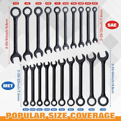 20PCS Mini Wrench Set 4mm-11mm & 5/32"-7/16" | Standard Metric and SAE, Black Electrophoretic Coating, Portable Pouch and Key Rings, Open End and Box End Combination - size: SAE&Metric Set A