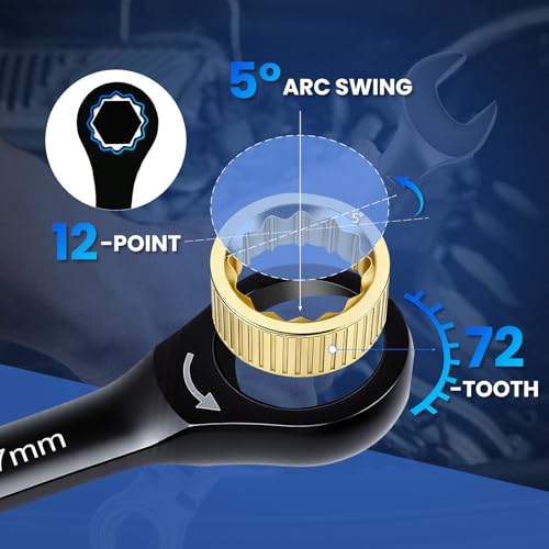 8PCS Metric Ratcheting Wrench Set, 72-Tooth Combination Wrench Set, 8-19mm | 5-Degree Swing Arc for Tight Spaces,CR-V Steel, Rust-Resistant Black Finish with Storage Organizer - size: Metric