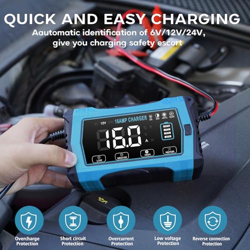 16 AMP Battery Charger, 6V/12V/24V Smart Car Battery Charger, Trickle Charger, Fully Automatic Chargers and Maintainer for Car, Motorcycle, Lawn Mower, Lead-Acid, Lithium, LiFePo4 Batteries