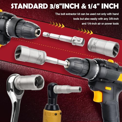 33mm Deep Reach Bolt Extractor Kit, with 3/8, 1/4 Inch Adapter, Ez Out Deep Broken Lug Nut Removal Socket Set, Easy-Out Spark Plug Remover Tool, for Stripped Rusted Bolts, Stud, Nuts Screw (32-Pieces)
