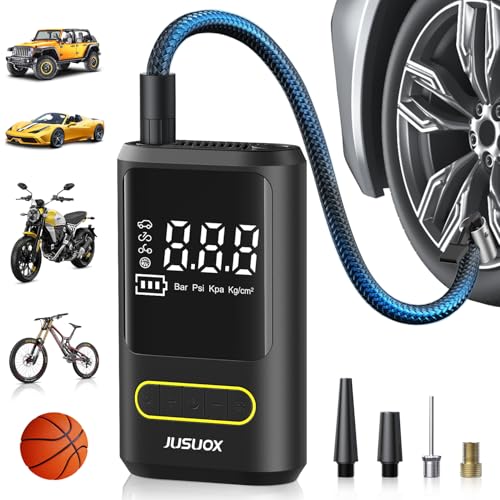 JUSUOX Tire Inflator Portable Air Compressor, Electric Bike Pump with Digital Pressure Gauge, 150 PSI Cordless Air Pump for Car Tires, Motorcycle, Bicycle, Ball with Auto Shutoff, LED Light - color: Yellow
