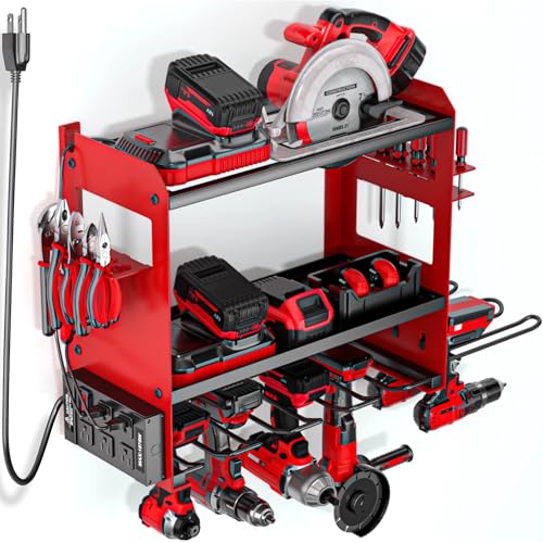 YYR Power Tool Organizer Wall Mount with Charging Station, Cordless Tools Hanger and Battery Storage Rack for Garage Organization, Heavy Duty Drill Holder Shelf Build in Metal Power Strip - Red - color: Red