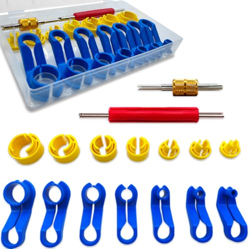 16PCS Car AC Fuel Line Disconnect Tool Set, Master Quick Disconnect Tool Kit Includes 1/4 5/16 3/8 1/2 5/8 3/4 7/8 Inch, Valve Core Remover with Storage Box for Transmission Oil Cooler Line