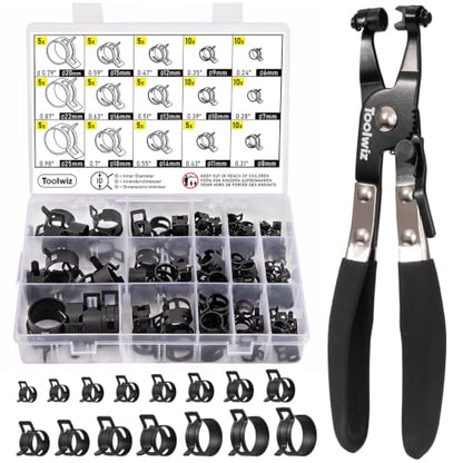 Toolwiz 100Pcs 6-25mm Spring Band Hose Clamps Assortment with Clamp Plier | Swivel Radiator Hose Clamp Pliers, Constant Tension Hose Clamp for Fuel Line, Silicone Vacuum Hose, Air Tube, Water Pipe - style: 100Pcs Spring Clamps with Plier