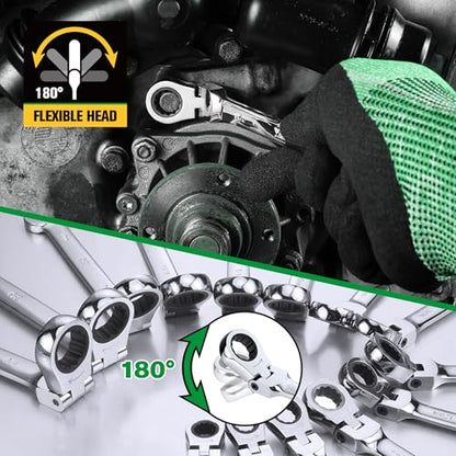 SK Flex Head Ratcheting Wrench Set, SAE 3/8"-3/4", Metric 10-19mm, 14-Piece | Ratchet Wrenches Set 72-Tooth, Combination Wrench Set, Chamfered Head Design, Premium CR-V Steel, Roll-Up Pouch - size: METRIC&SAE
