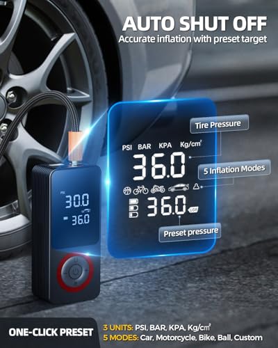 Cordless Tire Inflator Portable Air Compressor, 150 PSI Air Pump with Rechargeable Battery, Tire Pressure Gauge, 12V Car Power Adapter, Smart Air Pump for Car, Motorcycle, Bike, Ball