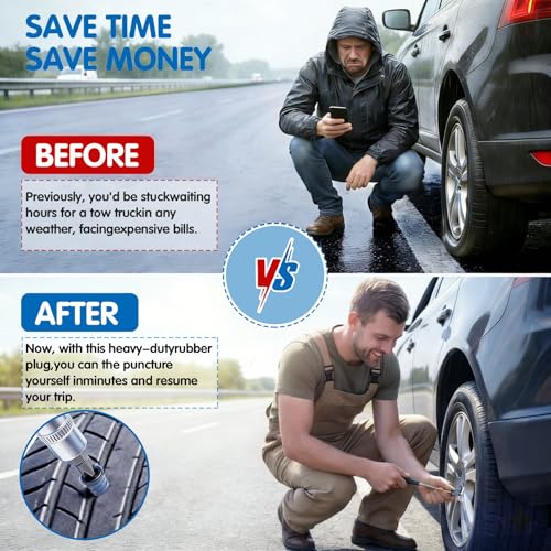 60 PCS Tire Repair Rubber Nails Kit Screw-in Tire Plugs for Tubeless Tisres | Fast Emergency Tire Repair Tool for Cars Motorcycles Trucks SUVs and Bikes, 2 Sizes for Quick and Easy Tire Puncture Repair