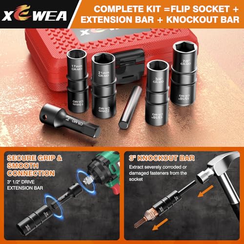 6PCS Thin Wall Lug Nut Impact Socket Set, XEWEA 1/2" Drive Impact Flip Socket Set, 8 in 1 Dual End Wheel Tire Nut Sockets Metric 17 19 21 22 mm & SAE 3/4" 13/16" 7/8" 15/16", Impact CR-MO Tool - size: 4+2 Set