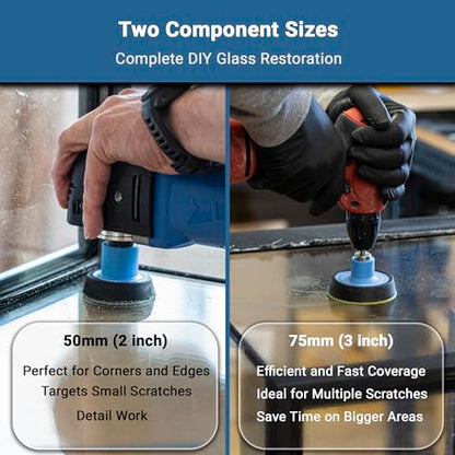 GLASS POLISH DIY Glass Scratch Removal Deluxe Kit 2" & 3" - Effective Glass Polishing with Drill or Polisher, Repairs Deep Scratches, Removes Surface Damage and Restores Original Clarity & Shine - size: 2 & 3 inch (12 Abrasives)