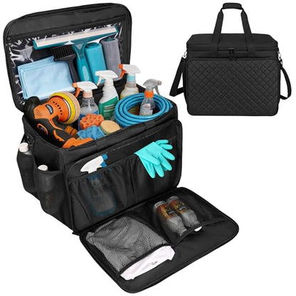 Large Car Detailing Organizer with Hard Pad Support, Car Detailing Bag with Multiple Pockets, Cleaning Bags for Housekeepers, Cleaning Supply Bag, Black
