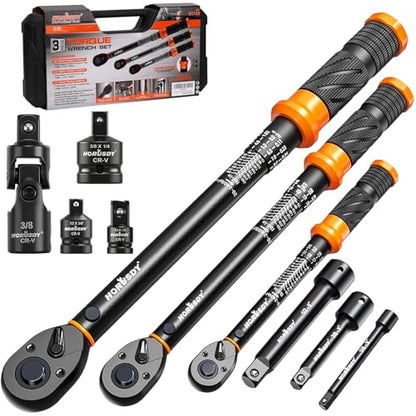 3Pack Torque Wrench Set, 1/4", 3/8", 1/2" Drive Click Torque Wrench Extra with Extension Bars & Adapters, Dual-Direction Adjustable Precision Torque Wrenches for Car, Motorcycle, Bike DIY Maintenance - size: 20-240 in.lb & 5–45 ft-lb & 10–170 ft-lb, style