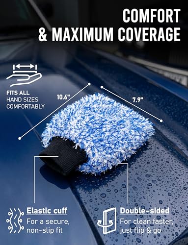 TAKAVU Car Wash Mitt, 2 Pack Microfiber, Scratch-Free (Blue) | Soft Lint-Free Wash Gloves Hold Sudsy Water for Auto Detailing, Machine Washable, Safe on Paint & Coat - color: Blue & White