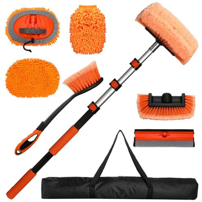 Truck Wash Kit with Long Handle, 12FT Extension Pole with Car Wash Brush, Mop & Window Squeegee, Exterior Cleaning Kit for RV, Large Truck & Car, Includes Wheel Brush, Wash Mitt & Storage Bag