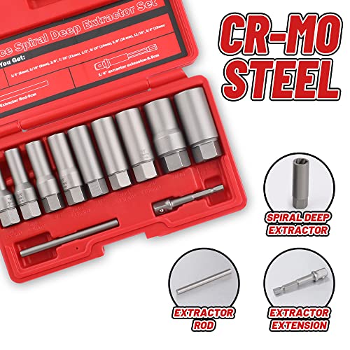 11-Pcs Spiral Deep Bolt Extractor Set, Stripped Bolt Remover Lug Nut Extractor Set, Stripped Lug Nut Remover for Broken Damaged Rounded-Off Bolts, Nuts, Bolts, Studs, Fittings, Threaded Tubes - size: 11Pcs