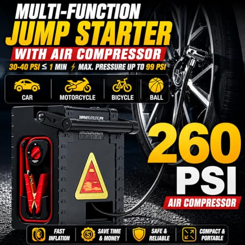 Jump Starter with Air Compressor, ZunDian 2000A Battery Booster for Cars, Trucks & SUVs, Up to 10.0L Gas & 8.0L Diesel, 260PSI Tire Inflator, Emergency Power Pack with AC/DC/USB
