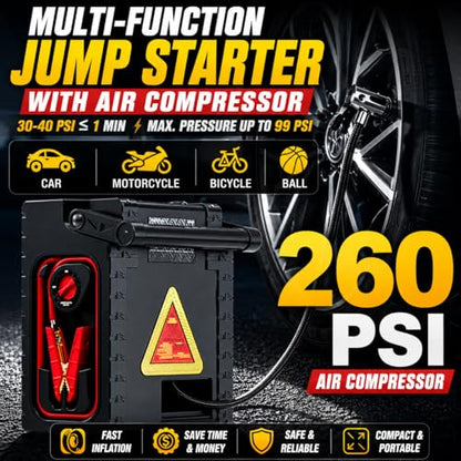 Jump Starter with Air Compressor, ZunDian 2000A Battery Booster for Cars, Trucks & SUVs, Up to 10.0L Gas & 8.0L Diesel, 260PSI Tire Inflator, Emergency Power Pack with AC/DC/USB