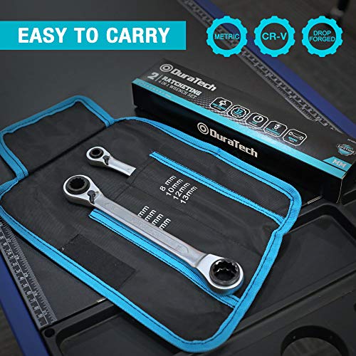 DURATECH 4-in-1 Reversible Ratcheting Box Wrench Set, Metric, 2-Piece | Double Box End, 8mm, 10mm, 12mm, 13mm & 14mm, 15mm, 17mm, 19mm, CR-V Steel, Matte Chrome Plated, Rolling Pouch - style: Regular & Metric