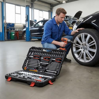 VEVOR Mechanics Tool Set, 314-Piece Mechanic Tool Kit, 1/4 in, 3/8 in, and 1/2 in Drive, Metric Socket Set, Wrenches, Screwdriver Bits, Accessories, and Storage Case, for Automotive and Home Repair - size: 1/4"&3/8"&1/2", style: 314 PCS