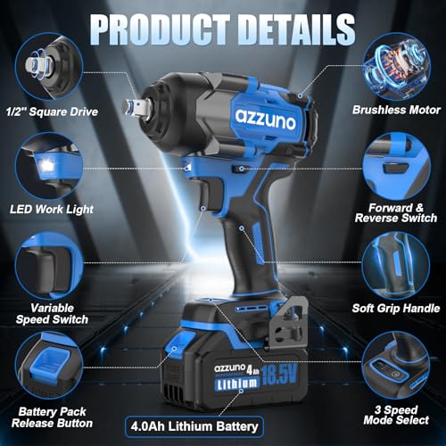 AZZUNO Electric Impact Wrench 737 Ft-lbs(1000N.m) 1/2'' Brushless Cordless Impact Driver with Fast Charger and 2x4.0Ah Battery Powered Impact Wrench Charger & 4 CR-V Sockets for Home Car Truck Tires - style: Max 737 Ft-lbs (1000N.m)