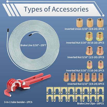 3/16" 25FT Zinc Coated Brake Line Kit with Inverted Nuts and Unions, 3 in 1 Tube Bender, Brake Line Clips, Copper Coil Repair Kit for Car Industrial Hydraulic Brake Systems(Silver) - color: Silver, size: 3/16"