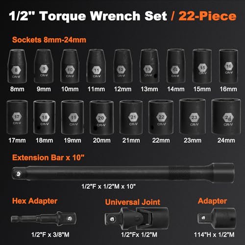1/2-Inch Drive Torque Wrench Set 22PCS, 10-180FT.LB/13.6-244.1Nm, Click Torque Wrench Socket Set, 72-Tooth Dual-direction, ±3% Precision Adjustable Torque Wrench for Lug Nut, Bicycle, Moto, Car - size: 1/2-inch (22pcs, 10-180 ft.lb/13.6-244.1 nm)