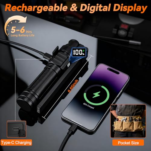 2Pack Magnetic Rechargeable LED Work Light/Flashlight for Mechanics | All Aluminum, 1500 High Lumens, Digital Display, 7 Modes, 360° Rotation, for Car Repairing, Emergency, Gifts for Father - size: 2Pack