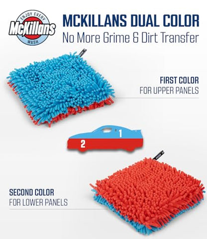 McKillans® Dual-Color Car Wash Pad - Pack of 2 - Scratch Free -10"x10" - Wrist Strap - Soft Chenille Microfiber Car Wash Sponge - Car Washing Washpad- Detailing, Car Cleaning Wash Rag (Pack of 2)