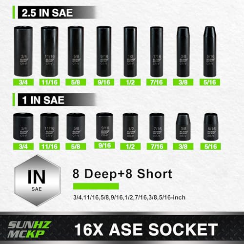 SUNHZMCKP 3/8" Drive Impact Socket Set, 52 Pcs Standard SAE (5/16-3/4 inch) and Metric (8-22mm) Shallow & Deep 6 Point Sockets, 3/8-In Ratchet Handle, Extension Bars, Adapters, Universal Joint, CR-V - size: 52-Pc 3/8" Drive Impact Socket Set