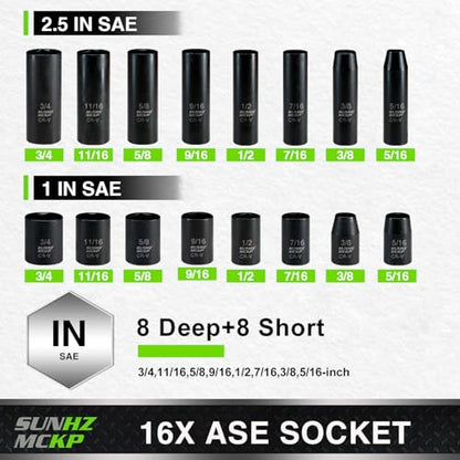 SUNHZMCKP 3/8" Drive Impact Socket Set, 52 Pcs Standard SAE (5/16-3/4 inch) and Metric (8-22mm) Shallow & Deep 6 Point Sockets, 3/8-In Ratchet Handle, Extension Bars, Adapters, Universal Joint, CR-V - size: 52-Pc 3/8" Drive Impact Socket Set