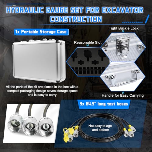 Hydraulic Pressure Gauge Test Kit Tractor Hydraulic Tester Set with 3 Gauges(25/40/60Mpa) 3 Hoses(64.5in) 11 Quick Connectors for Excavator Construction Machinery(Silver) - size: Silver 3 Gauges 11 Connector