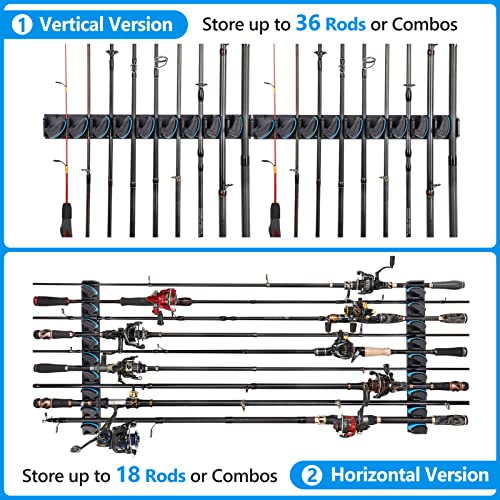 PLUSINNO 4 Pack Vertical Fishing Rod Rack, Wall Mounted Fishing Rod holder, 4 Packs Fishing Pole Holders Hold Up to 36 Rods or Combos, Fishing rod holders for garage, Fishing Gear and Gifts for Men - style: Blue 4-pack (store 36 combos)