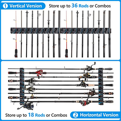 PLUSINNO 4 Pack Vertical Fishing Rod Rack, Wall Mounted Fishing Rod holder, 4 Packs Fishing Pole Holders Hold Up to 36 Rods or Combos, Fishing rod holders for garage, Fishing Gear and Gifts for Men - style: Blue 4-pack (store 36 combos)