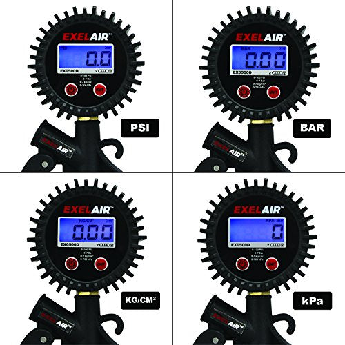 EXELAIR Digital Pistol Grip Tire Inflator Gauge EX0500D, Easy Clip Air Chuck, Easy to Read 0.1 Display, Pistol Grip Handle, 100 PSI Max Pressure, 16" Air Hose, 1/4" NPT (PSI, kPa, Bar, and kg/cm2)