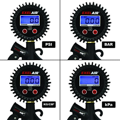 EXELAIR Digital Pistol Grip Tire Inflator Gauge EX0500D, Easy Clip Air Chuck, Easy to Read 0.1 Display, Pistol Grip Handle, 100 PSI Max Pressure, 16" Air Hose, 1/4" NPT (PSI, kPa, Bar, and kg/cm2)