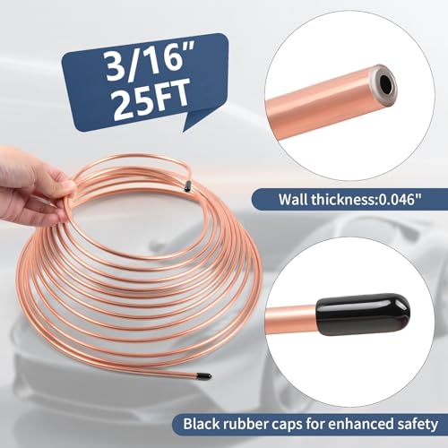 3/16" 25FT Copper Coated Brake Line Kit with Inverted Nuts and Unions, 3 in 1 Tube Bender, Brake Line Clips, Copper Coil Repair Kit for Car Industrial Hydraulic Brake Systems(Gold) - color: Gold, size: 3/16"