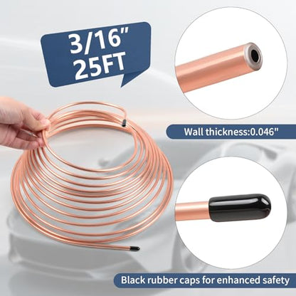 3/16" 25FT Copper Coated Brake Line Kit with Inverted Nuts and Unions, 3 in 1 Tube Bender, Brake Line Clips, Copper Coil Repair Kit for Car Industrial Hydraulic Brake Systems(Gold) - color: Gold, size: 3/16"