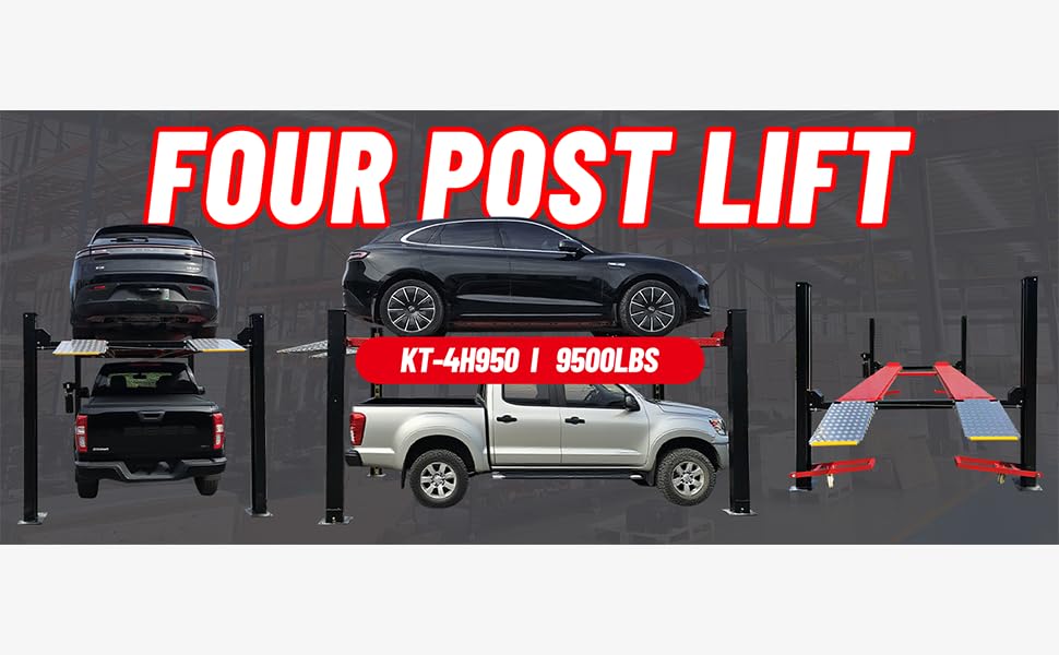 KT-4H950 3.0 HP Heavy Duty with Oil Tray, Jack Tray 84.5'' lifting Height 4 Post Car Lift Auto Parking Lift Aluminous Ramp with Casters