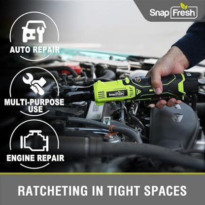 SnapFresh 12V Electric Ratchet Cordless, 3/8" with 9 Socks & 1/4" Adapter | UL Certificated Battery & Charger, 55Ft-lbs Torque,0-220RPM Speed Control, 2 Battery, 50-min Runtime, Cordless Ratchet Wrench