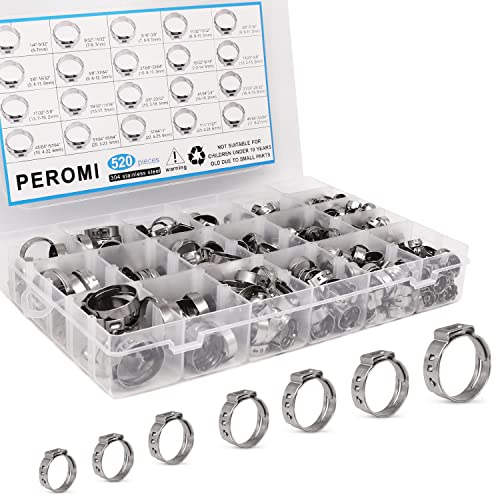 520 Pcs PEX Cinch clamps Ring, 20 Sizes 1/4-1 Inch Stainless Steel Single Ear Stepless Hose Clamps Assortment Kit for Water Pipe, Plumbing and Automotive Use - size: 20 Sizes (6-28.6 mm) without Pincer