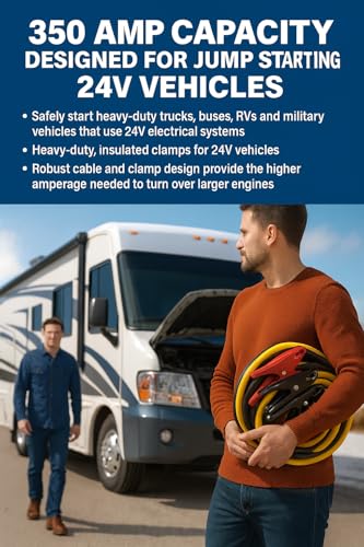 Heavy Duty 2 Gauge 20 Ft Battery Booster Cables 350A Capacity, Thick Rubber Insulation & Coated Clamps Compatible with DURALAST Jumper Cables for Cars, Trucks, SUVs, RVs, Boats, 12V or 24V Batteries