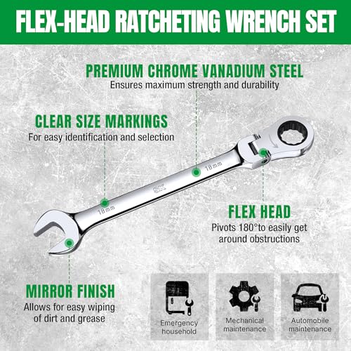 SK Flex-Head Ratcheting Wrench Set, Combination Wrench Set, 12-Piece, Metric 8 to 19mm, 72-Tooth, Premium CR-V Construction, with Rack Organizer - size: Metric