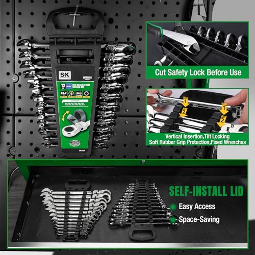 SK Flex-Head Ratcheting Wrench Set, Combination Wrench Set, 12-Piece, Metric 8 to 19mm, 72-Tooth, Premium CR-V Construction, with Rack Organizer - size: Metric
