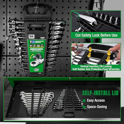 SK Flex-Head Ratcheting Wrench Set, Combination Wrench Set, 12-Piece, Metric 8 to 19mm, 72-Tooth, Premium CR-V Construction, with Rack Organizer - size: Metric