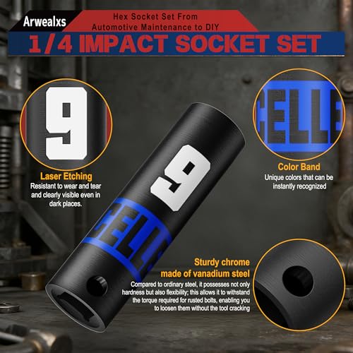 14Piece 1/4-Inch Drive Impact Socket Set, 4-15 mm Deep Sockets, 6 Point Metric Sockets for Automotive Repair, Equipment Maintenance - size: 1/4 Inch Metric Deep